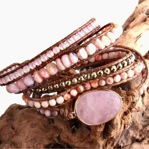 Boho Rose Quartz + Pink Zebra Jasper Wrap Bracelet